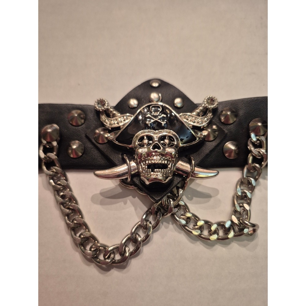 Black Faux Leather Pirate Skull Studded Cuff Bracelet with Chain and Snaps